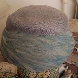 Vintage Toni Leslie Heliotrope Blue Feather Trimmed Straw Hat